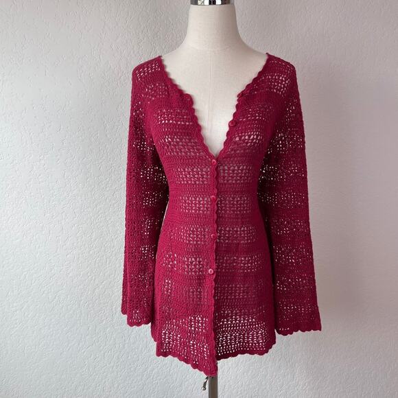 Vintage Y2K Crochet Button Up Cardigan Sweater size Large Burgundy Whimsygoth - Picture 1 of 11